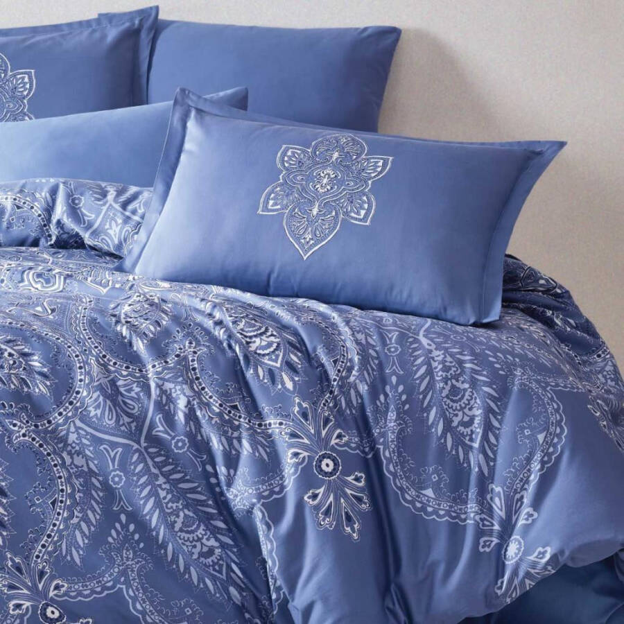 Clasy Cotton Satin Double Bed Linen Set Rovi v1 Blue - 7