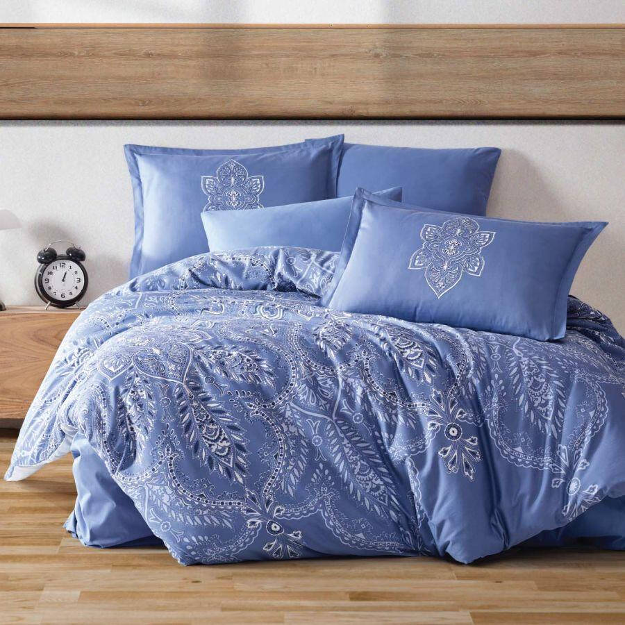 Clasy Cotton Satin Double Bed Linen Set Rovi v1 Blue - 8