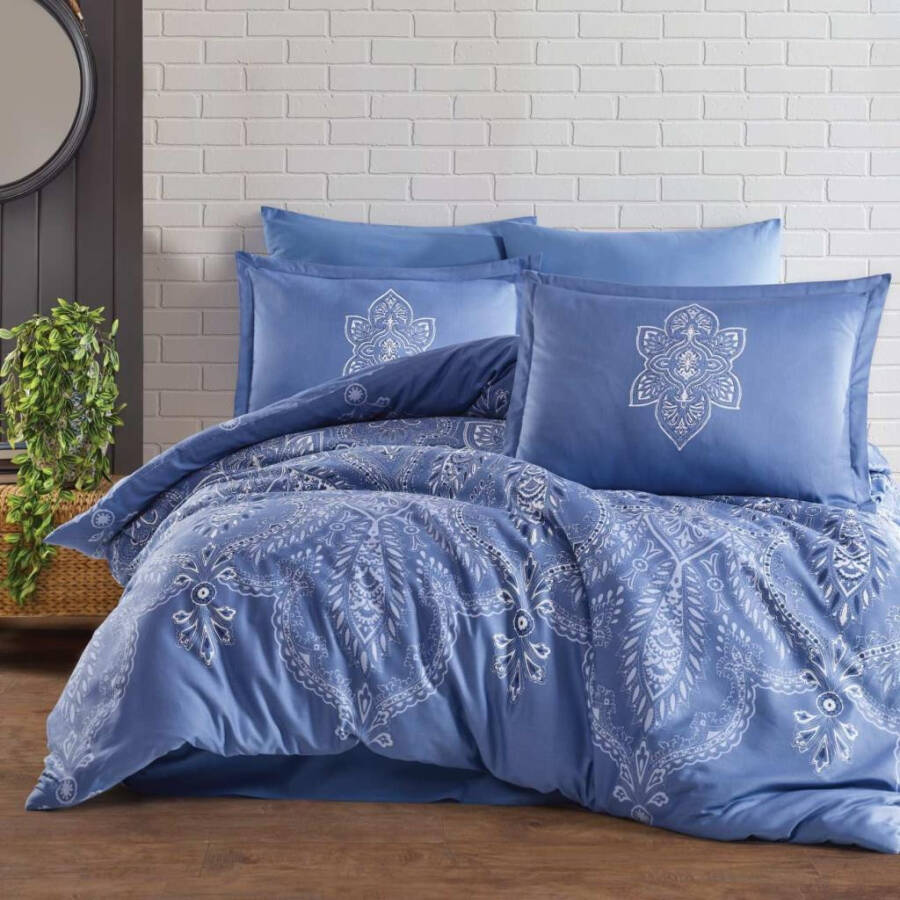 Clasy Cotton Satin Double Bed Linen Set Rovi v1 Blue - 9