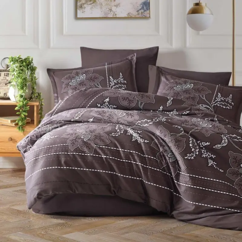 Clasy Cotton Satin Double Bed Sheet Set Moya v1 Coffee - NEVRESIMDUNYASI