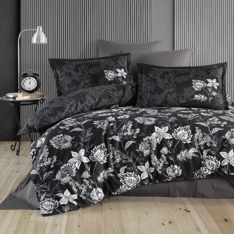 Clasy Cotton Satin Double Bed Sheet Set Vilya v2 Anthracite - NEVRESIMDUNYASI