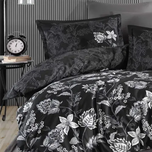 Clasy Cotton Satin Double Bed Sheet Set Vilya v2 Anthracite - NEVRESIMDUNYASI (1)