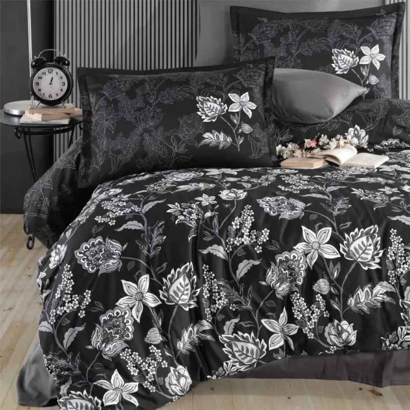 Clasy Cotton Satin Double Bed Sheet Set Vilya v2 Anthracite - 3
