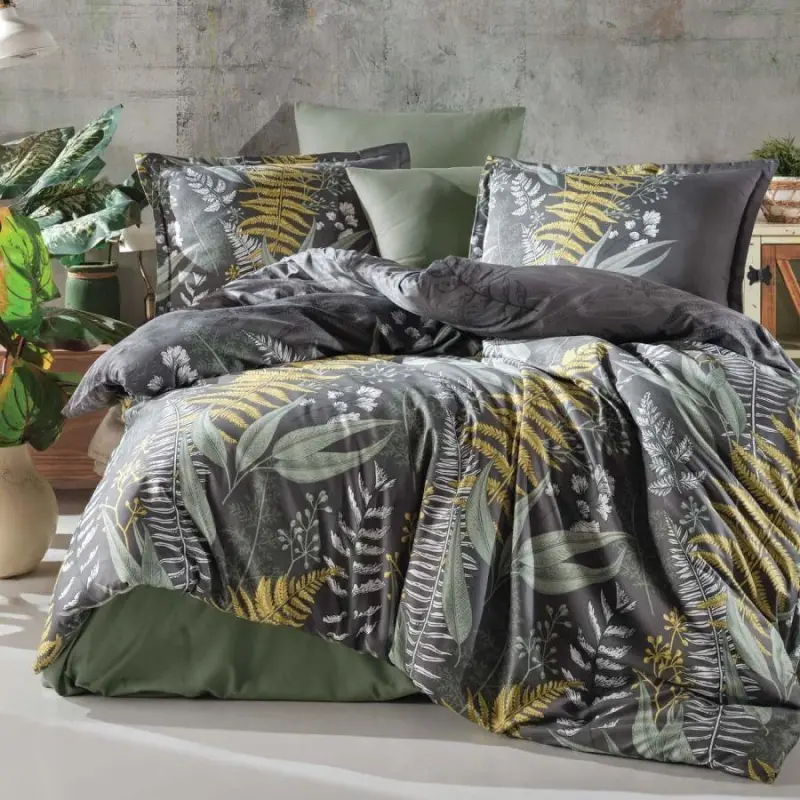 Clasy Cotton Satin Double Duvet Cover Set Botanica v1 Green - 1