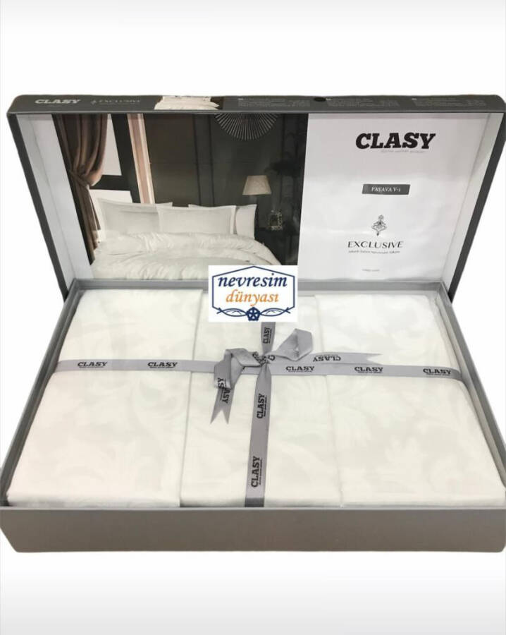 Clasy Exclusive Jacquard Double Cotton Satin Bed Linen Set Pavaya v1 White - 4