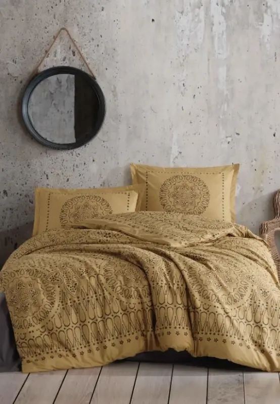 Clasy Ranforce Bed Linen Set Double Merit V1 Mustard - NEVRESIMDUNYASI