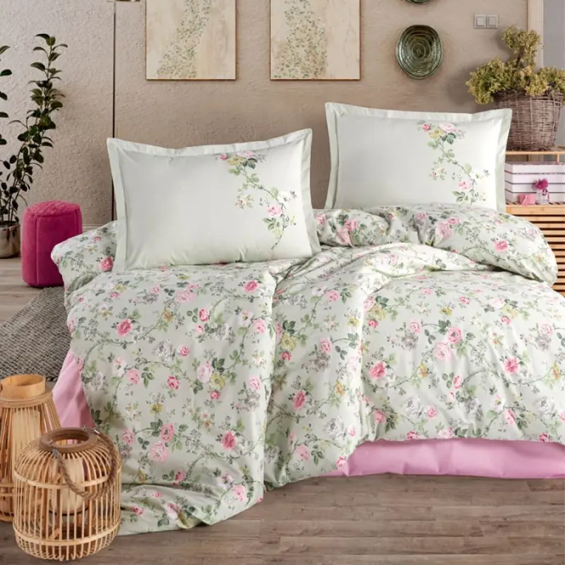 Clasy Ranforce Double Bed Linen Set Elara V1 Sage - NEVRESIMDUNYASI