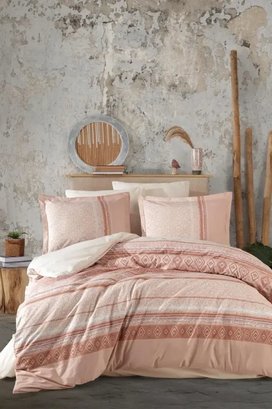 Clasy Ranforce Double Duvet Cover Set Latrina V1 Salmon - NEVRESIMDUNYASI