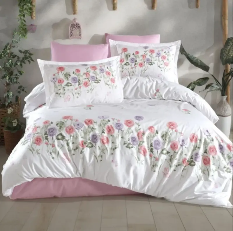 Clasy Ranforce Duvet Cover Set Double Size Helenka V1 Pink - NEVRESIMDUNYASI