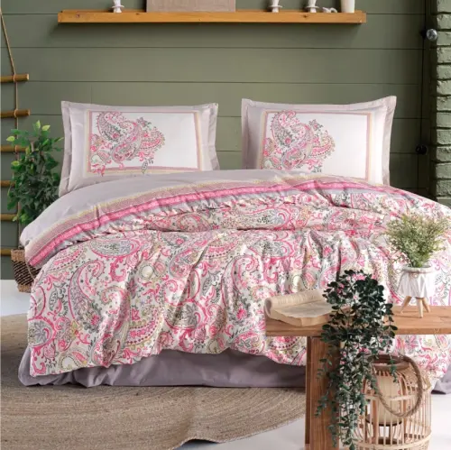 Clasy Ranforce Duvet Cover Set Double Size Luga V1 Pink - NEVRESIMDUNYASI (1)