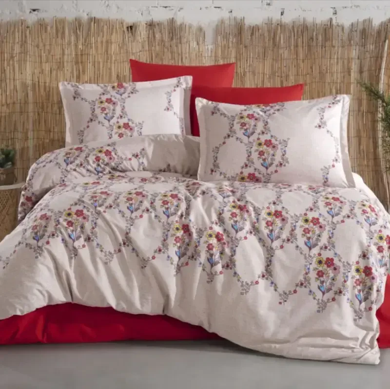 Clasy Ranforce Duvet Cover Set Double Size Navas V1 Red - NEVRESIMDUNYASI