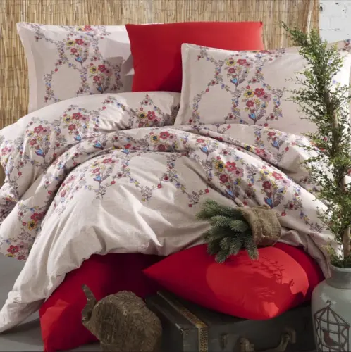Clasy Ranforce Duvet Cover Set Double Size Navas V1 Red - NEVRESIMDUNYASI (1)