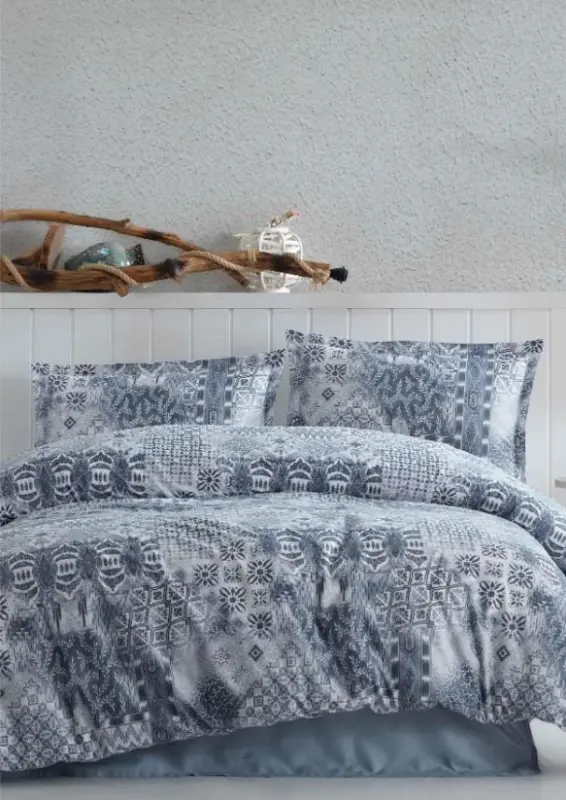 Clasy Ranforce Duvet Cover Set Double Size Pava V1 Navy Blue - NEVRESIMDUNYASI