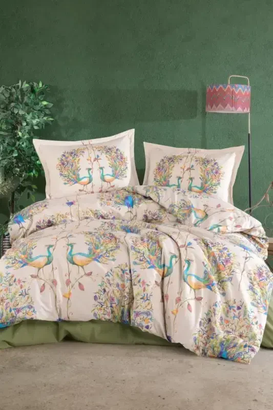 Clasy Ranforce Duvet Cover Set Double Size Pavone V1 Green - NEVRESIMDUNYASI