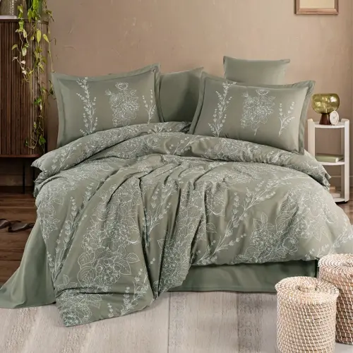 Clasy Ranforce Duvet Cover Set Double Vinya V1 Green - NEVRESIMDUNYASI (1)