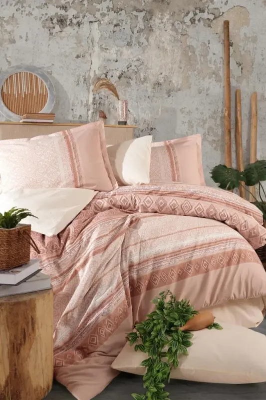 Clasy Ranforce Nevresim Takımı Çift Kişilik Latrina V1 Somon - 2