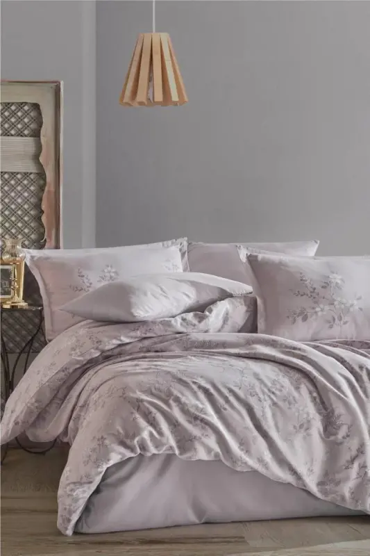Clasy Satin Double Bed Linen Set Silva V1 Stone - 1