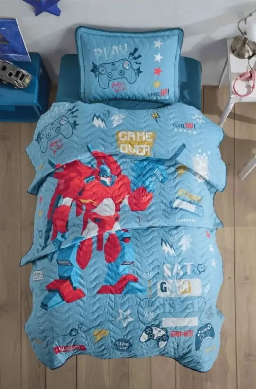 Clasy Single Bedspread Game Over v1 Blue - NEVRESIMDUNYASI