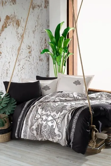 Clasy Single Size Satin Duvet Cover Set Ahiska V1 Black - NEVRESIMDUNYASI