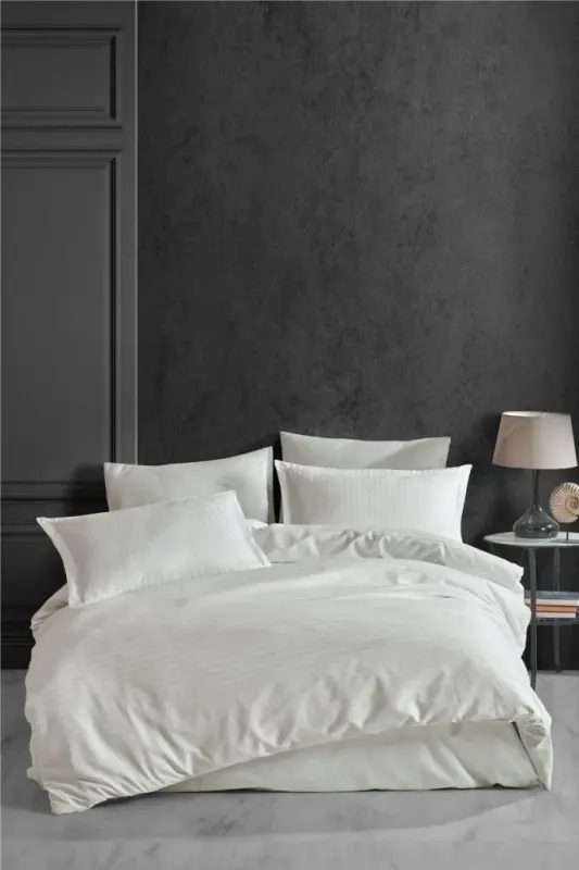 Clasy Striped Satin Double Duvet Cover Set Ecru - NEVRESIMDUNYASI
