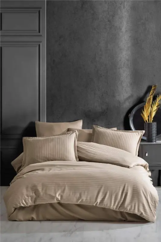 Clasy Striped Satin Duvet Cover Set Double Size Light Brown - NEVRESIMDUNYASI