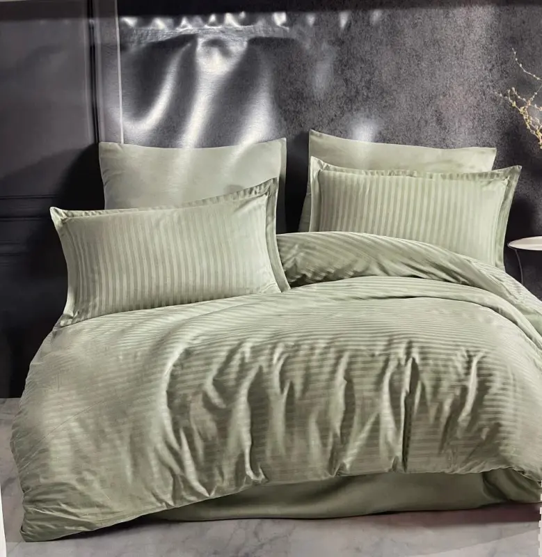 Clasy Striped Satin Duvet Cover Set Double Size Sage - 1