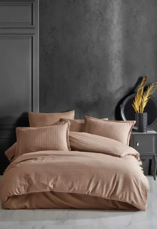 Clasy Striped Single Satin Duvet Cover Set Cinnamon - 1