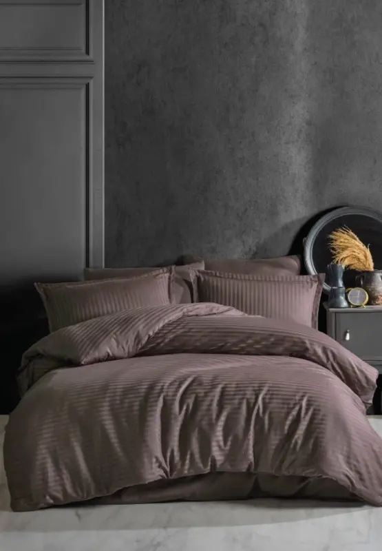 Clasy Striped Single Size Satin Duvet Cover Set Dark Coffee - NEVRESIMDUNYASI