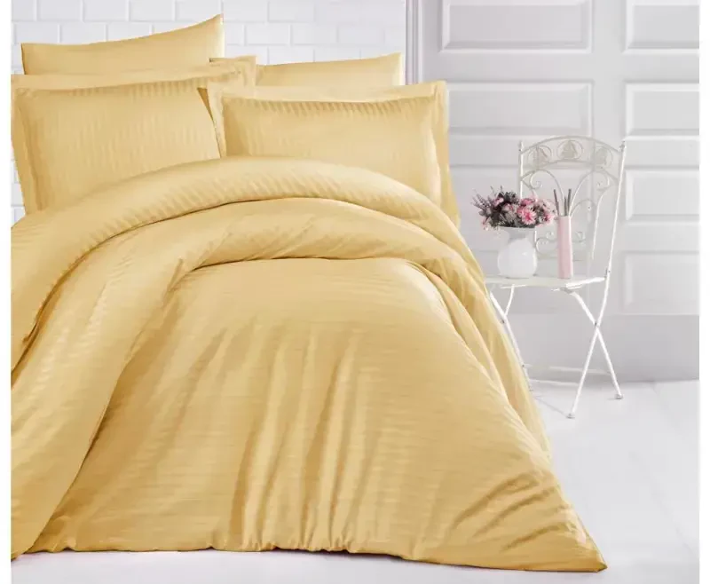Clasy Striped Single Size Satin Duvet Cover Set Mustard - NEVRESIMDUNYASI