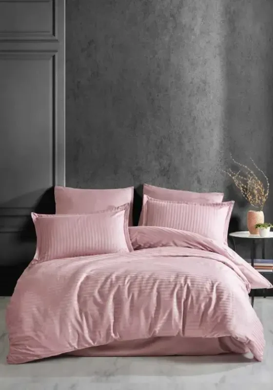 Clasy Striped Single Size Satin Duvet Cover Set Powder - 1