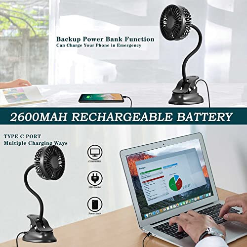 Clip on Fan Usb Mini Fan Battery Operated Desk Fan with Emergency Power Bank, Baby Stroller Fan Rechargeable Personal Fan Flexible Neck 3 Speeds Great for Beach Car Camping Dorm Bed Office-Black - 4