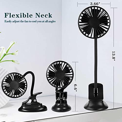 Clip on Fan Usb Mini Fan Battery Operated Desk Fan with Emergency Power Bank, Baby Stroller Fan Rechargeable Personal Fan Flexible Neck 3 Speeds Great for Beach Car Camping Dorm Bed Office-Black - 6