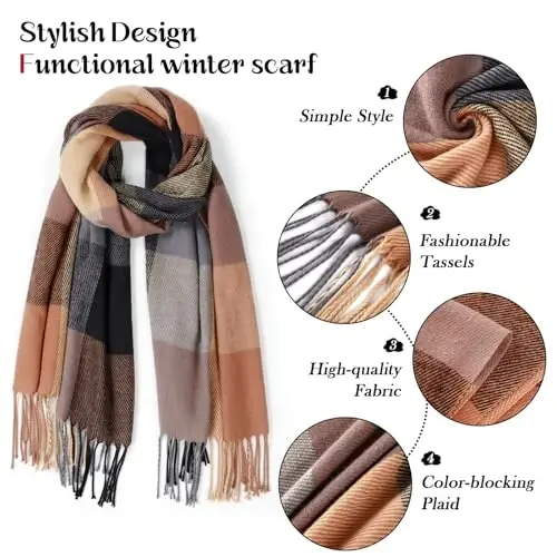 Clothirily Ayollar Qishki Sharfi, Moda CasModazoneere Ayollar uchun Plaid Sharflar, PasModazoneina Ro'mollar va O'ramlar, Uzun Adyol Sharf - 3