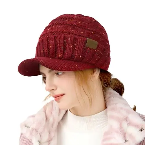 Clothirily Winter Hats for Women, Warm Stylish Knit Beanie Hat with Visor | Soft Stretch Cute Womens Winter Hats with Visor, Elastic Design, Warm Casual Slouchy Knitted Beanie Hat, Gifts for Women Men - Clothirily (1)