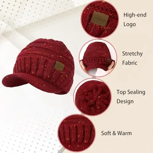 Clothirily Winter Hats for Women, Warm Stylish Knit Beanie Hat with Visor | Soft Stretch Cute Womens Winter Hats with Visor, Elastic Design, Warm Casual Slouchy Knitted Beanie Hat, Gifts for Women Men - 4