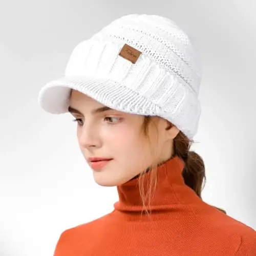 Clothirily Winter Hats for Women, Warm Stylish Knit Beanie Hat with Visor | Soft Stretch Cute Womens Winter Hats with Visor, Elastic Design, Warm Casual Slouchy Knitted Beanie Hat, Gifts for Women Men - Clothirily (1)