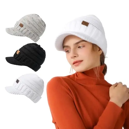 Clothirily Winter Hats for Women, Warm Stylish Knit Beanie Hat with Visor | Soft Stretch Cute Womens Winter Hats with Visor, Elastic Design, Warm Casual Slouchy Knitted Beanie Hat, Gifts for Women Men - 6