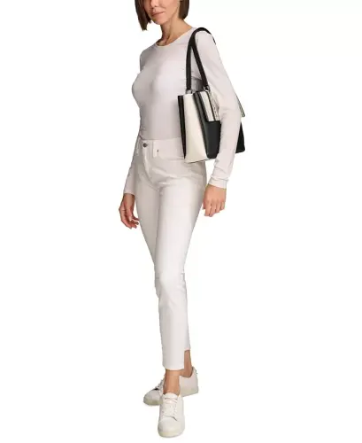 Clove Mixed Material Push-Lock Triple Compartment Tote Bag-Black/White Snake - 7