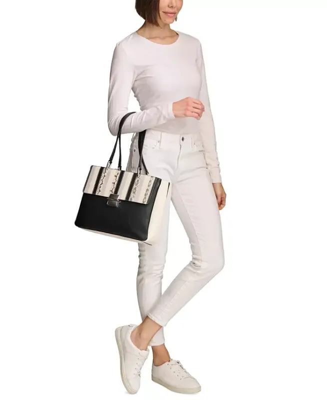 Clove Mixed Material Push-Lock Triple Compartment Tote Bag-Black/White Snake - 8