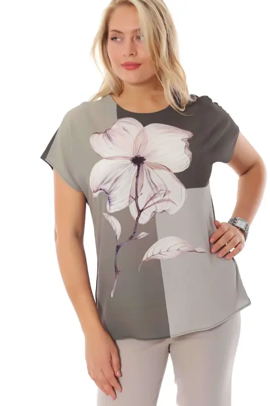 Clover Pattern Khaki V-Neck Blouse - 24