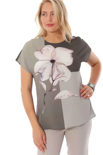 Clover Pattern Khaki V-Neck Blouse - 15