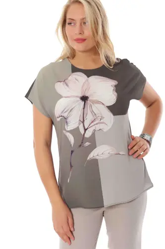 Clover Pattern Khaki V-Neck Blouse - 17