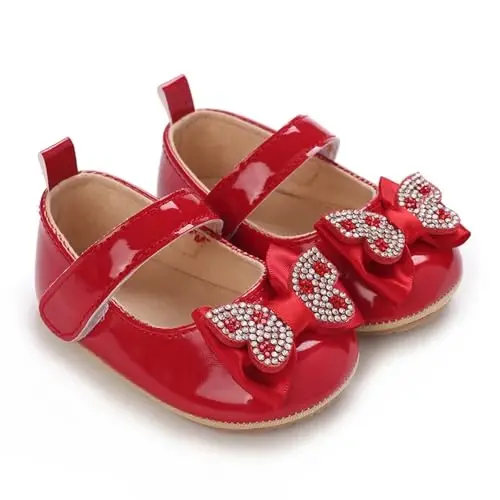 Clowora Infant Toddler Baby Girl Dress Shoes Mary Jane First Walking PU Leather Princess Wedding Rubber Sole Non-Slip with Bowknot Floral Flats - 2