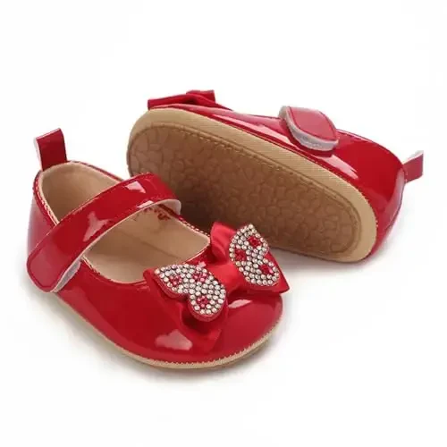 Clowora Infant Toddler Baby Girl Dress Shoes Mary Jane First Walking PU Leather Princess Wedding Rubber Sole Non-Slip with Bowknot Floral Flats 