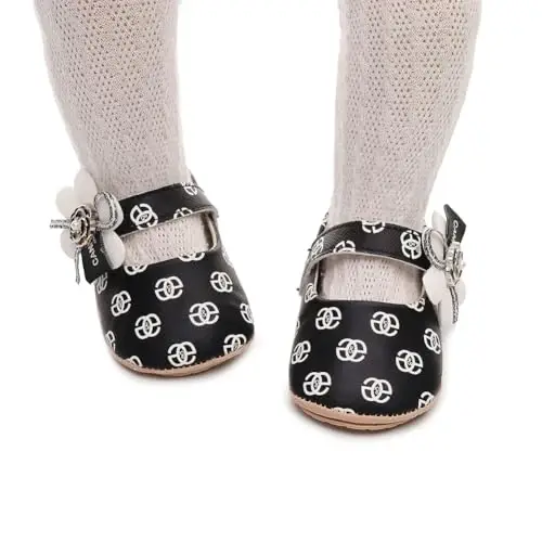 Clowora Infant Toddler Baby Girl Dress Shoes Mary Jane First Walking PU Leather Princess Wedding Rubber Sole Non-Slip with Bowknot Floral Flats - 3