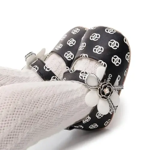 Clowora Infant Toddler Baby Girl Dress Shoes Mary Jane First Walking PU Leather Princess Wedding Rubber Sole Non-Slip with Bowknot Floral Flats - 2