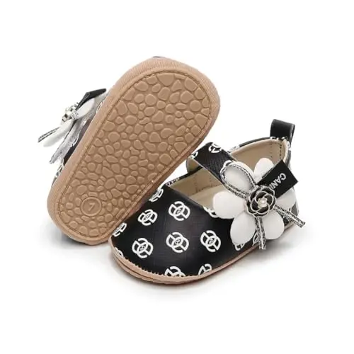 Clowora Infant Toddler Baby Girl Dress Shoes Mary Jane First Walking PU Leather Princess Wedding Rubber Sole Non-Slip with Bowknot Floral Flats - 1