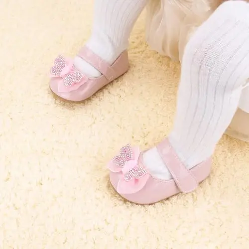 Clowora Infant Toddler Baby Girl Dress Shoes Mary Jane First Walking PU Leather Princess Wedding Rubber Sole Non-Slip with Bowknot Floral Flats - 3