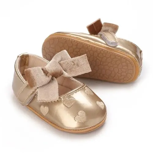 Clowora Infant Toddler Baby Girl Dress Shoes Mary Jane First Walking PU Leather Princess Wedding Rubber Sole Non-Slip with Bowknot Floral Flats - 5