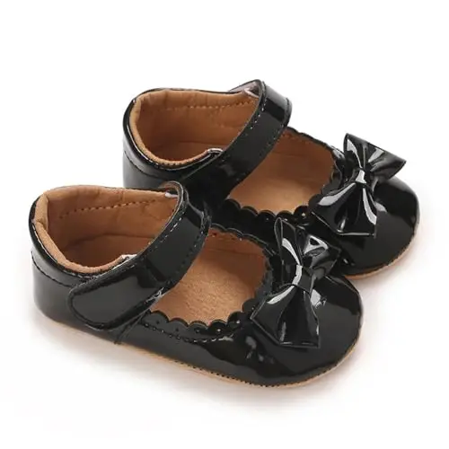 Clowora Infant Toddler Baby Girl Dress Shoes Mary Jane First Walking PU Leather Princess Wedding Rubber Sole Non-Slip with Bowknot Floral Flats - 2